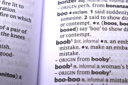 Close Up Of English Dictionary Page With Word -  Boob    Image