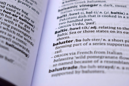 Close Up Of English Dictionary Page With Definition Word - Baluster   Image