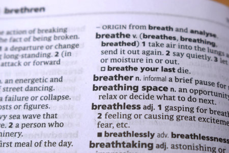 Close Up Of English Dictionary Page With Word - Breatherの写真素材