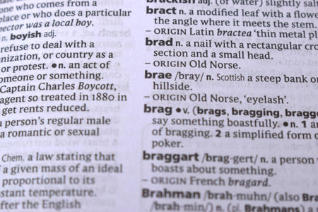 Close Up Of English Dictionary Page With Word - Braeの写真素材