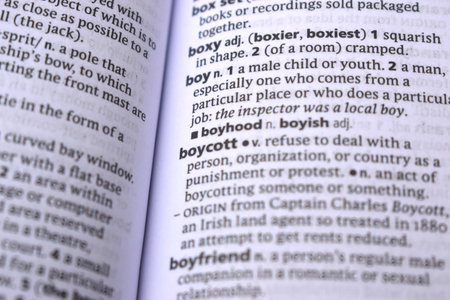 English Definition Dictionary Page Close Up Of Printed Word Of -Boycott