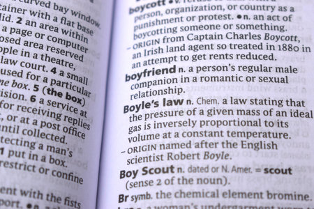 English Definition Dictionary Page Close Up Of Printed Word Of -Boyle's lawの写真素材