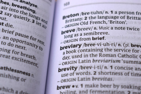 Close Up Of English Dictionary Page With Word - Breviaryの写真素材