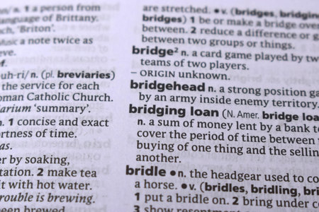English Definition Dictionary Page Close Up Of Printed Word Of -Bridging loan