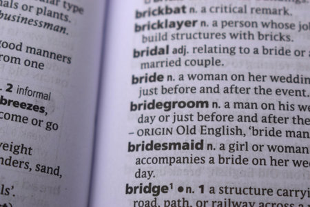 English Definition Dictionary Page Close Up Of Printed Word Of -Bridesmaidの写真素材