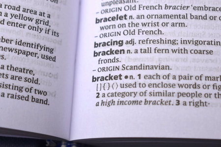 English Definition Dictionary Page Close Up Of Printed Word Of -Bracket
