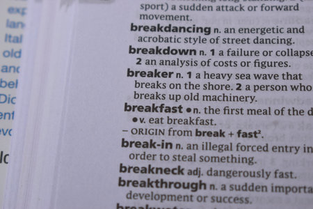 Close Up Of English Dictionary Page With Word - Breakfast