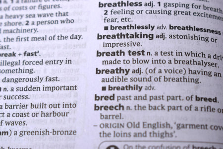 English Definition Dictionary Page Close Up Of Printed Word Of -Breath testの写真素材