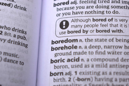 Close Up Of English Dictionary Page With Word - Boredomの写真素材