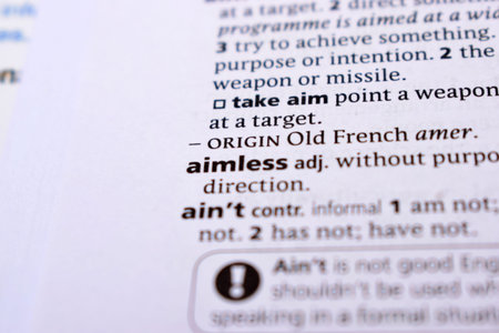 English Dictionary Page Close Up With the Word Of -aimless