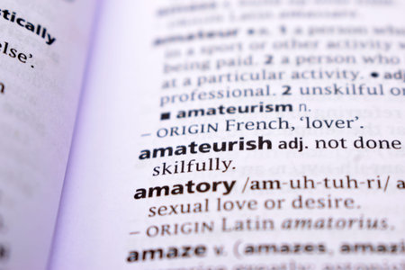 Close Up Of English Dictionary Page With Word - amatory