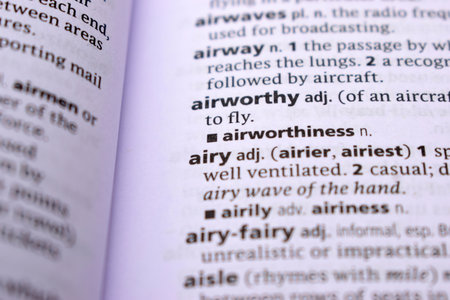 English Definition Dictionary Page Close Up Of Printed Word Of -Airyの写真素材