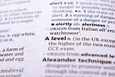 Close Up Of English Dictionary Page With Word - a levelの写真素材