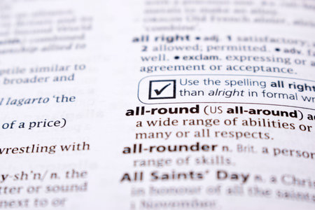 English Definition Dictionary Page Close Up Of Printed Word Of -all-round
