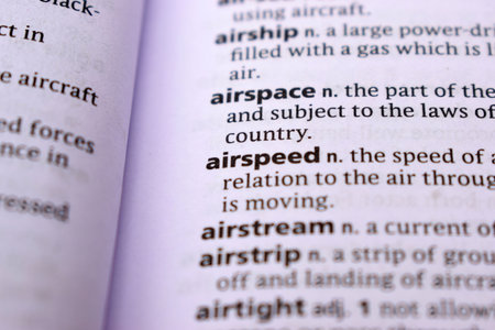 English Definition Dictionary Page Close Up Of Printed Word Of -airspeedの写真素材