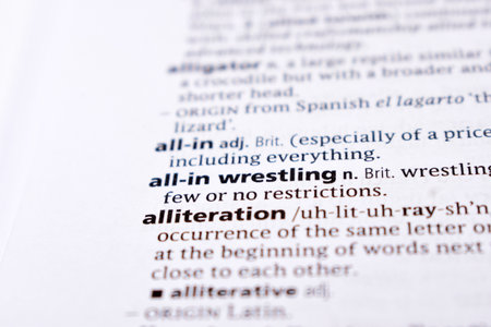 Close Up Of English Dictionary Page With Word - alliterationの写真素材