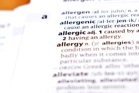 English Definition Dictionary Page Close Up Of Printed Word Of -allergicの写真素材