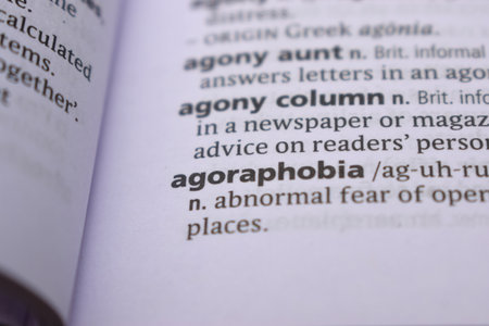 English Definition Dictionary Page Close Up Of Printed Word Of -agoraphobiaの写真素材