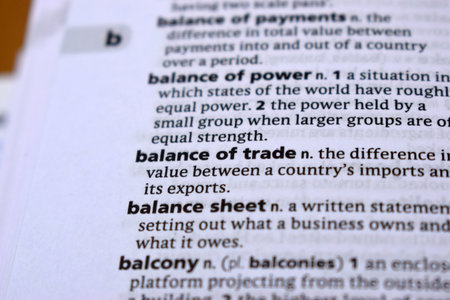 Close Up Of English Dictionary Page With Word - balance of tradeの写真素材