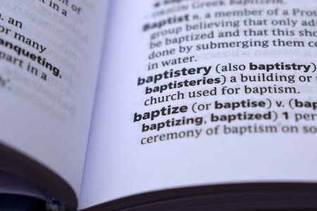 English Definition Dictionary Page Close Up Of Printed Word Of -baptize