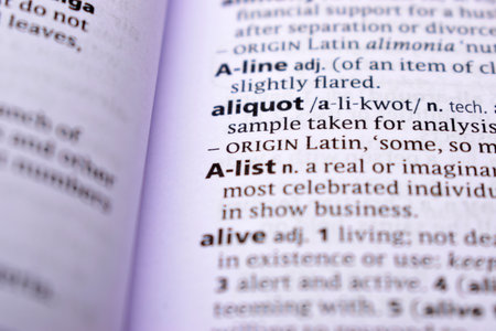 English Definition Dictionary Page Close Up Of Printed Word Of -A- listの写真素材