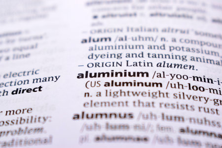 English Definition Dictionary Page Close Up Of Printed Word Of -aluminiumの写真素材