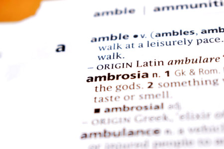 Close Up Of English Dictionary Page With Word - ambrosia
