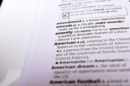 Close Up Of English Dictionary Page With Word - amenityの写真素材