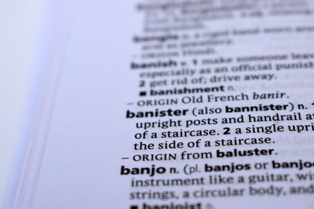English Definition Dictionary Page Close Up Of Printed Word Of -banisterの写真素材