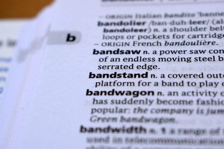 English Definition Dictionary Page Close Up Of Printed Word Of -bandstand