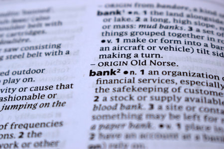 Close Up Of English Dictionary Page With Word - bankの写真素材