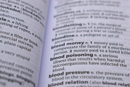 English Definition Dictionary Page Close Up Of Printed Word Of -blood poisoningの写真素材
