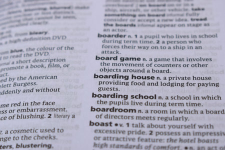 English Definition Dictionary Page Close Up Of Printed Word Of -boarding house