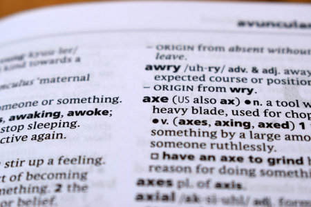 Close Up Of English Dictionary Page With Word - axeの写真素材