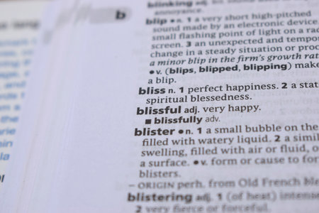 English Definition Dictionary Page Close Up Of Printed Word Of -blissfulの写真素材