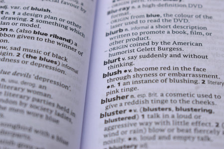 English Definition Dictionary Page Close Up Of Printed Word Of -blush