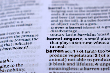Close Up Of English Dictionary Page With Word - barrel organの写真素材