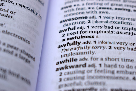 Close Up Of English Dictionary Page With Word - awfullyの写真素材