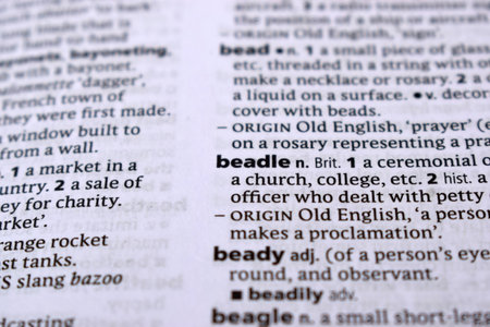 English Dictionary Page Close Up With the Word Of -beadleの写真素材