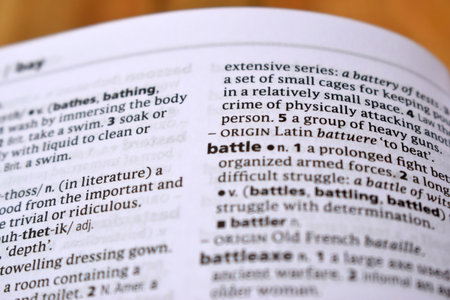Close Up Of English Dictionary Page With Word - battleの写真素材