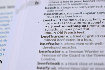 Close Up Of English Dictionary Page With Word - beef