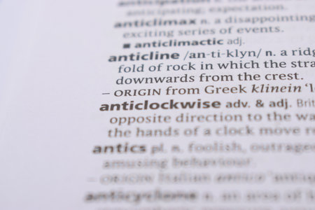 English Definition Dictionary Page Close Up Of Printed Word Of -anticlockwiseの写真素材