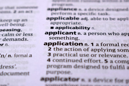 English Definition Dictionary Page Close Up Of Printed Word Of -applicant