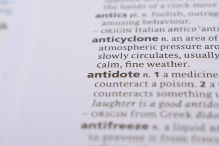 English Dictionary Page Close Up With the Word Of -antidoteの写真素材