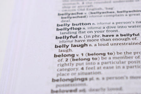 Close Up Of English Dictionary Page With Word - bellyful