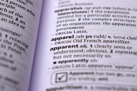 English Dictionary Page Close Up With the Word Of -apparelの写真素材