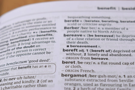 Close Up Of English Dictionary Page With Word - bereft