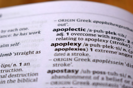 English Definition Dictionary Page Close Up Of Printed Word Of -apoplexy