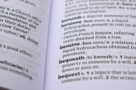 English Definition Dictionary Page Close Up Of Printed Word Of -benzine