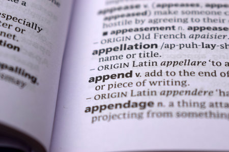 Close Up Of English Dictionary Page With Word - appendの写真素材